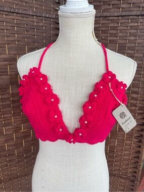 Beehive Hot Pink Crochet Halter Bralette with Pearl Accents